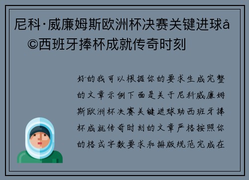 尼科·威廉姆斯欧洲杯决赛关键进球助西班牙捧杯成就传奇时刻